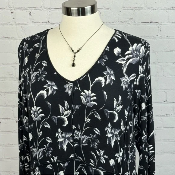 J. Jill Black & White Floral Midi Dress w/Pockets Long Sleeve Medium - Picture 2 of 11